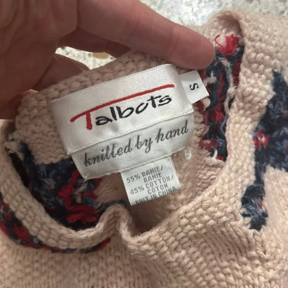 Talbots hearts Star patriotic knitted by hand small s red blue tan USA_2